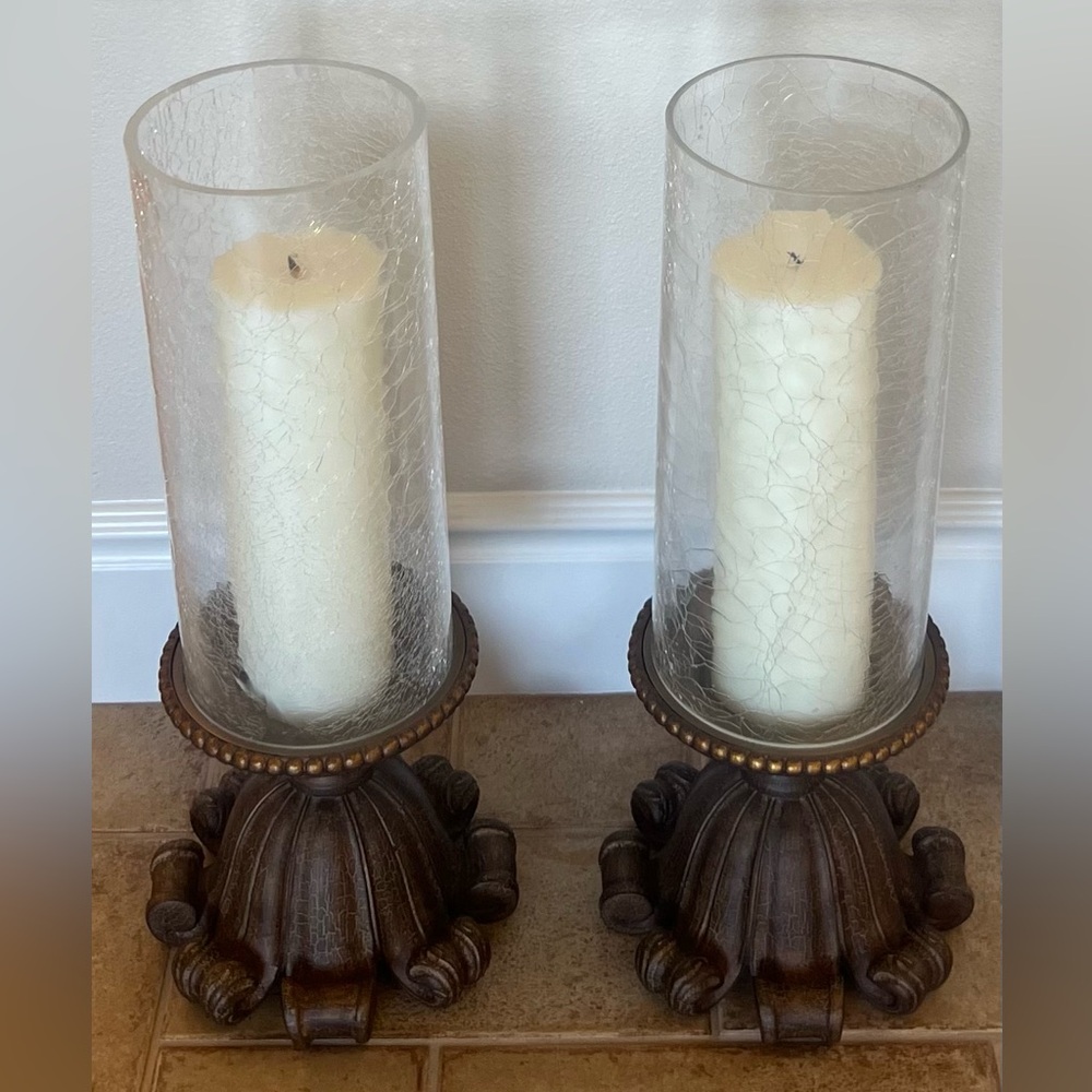 John Richard Crackled Wood & Glass Hurricane Pillar Candle Holder. 23.5H x 10Di